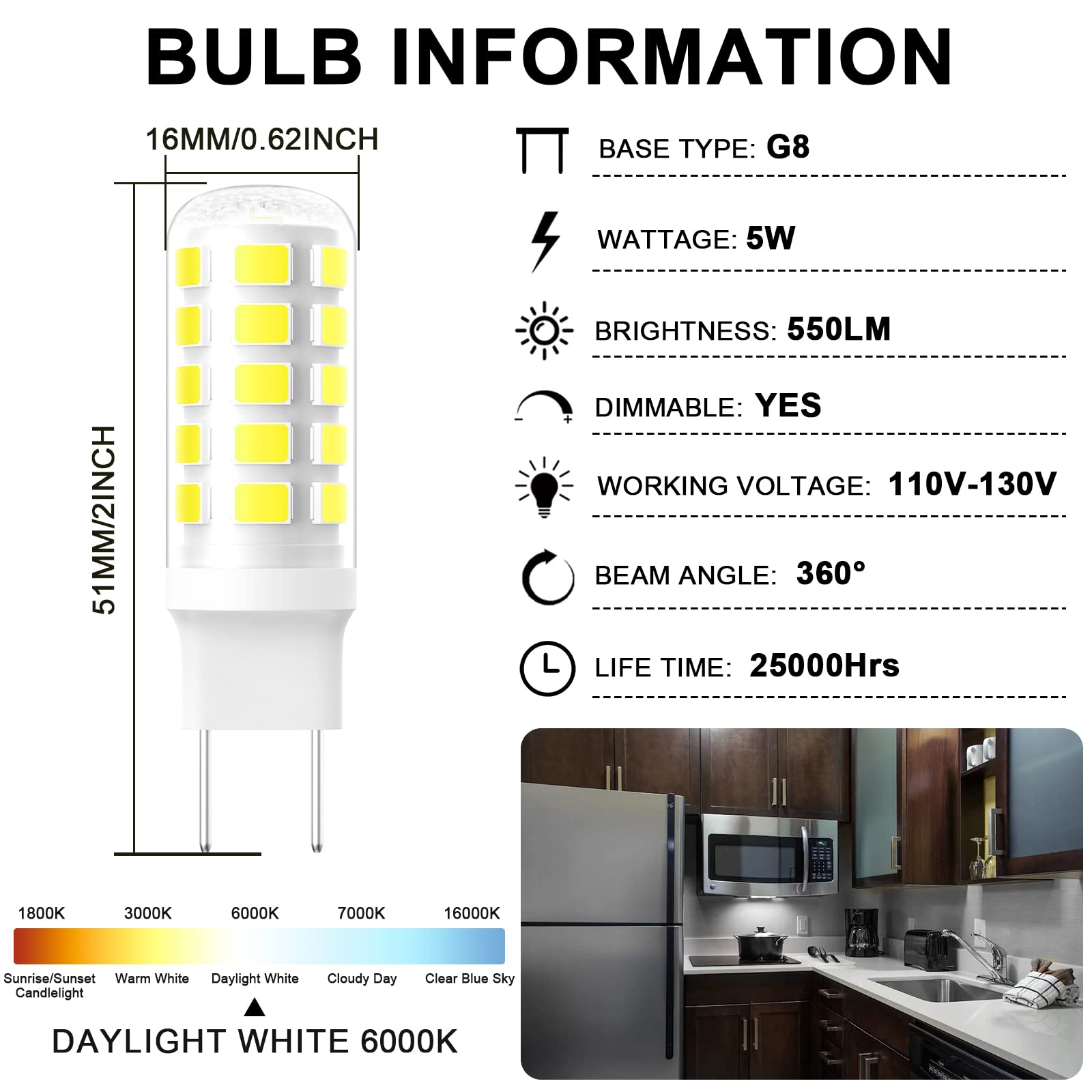 Vitunov G8 LED, color 6000K de día que realza colores de los alimentos