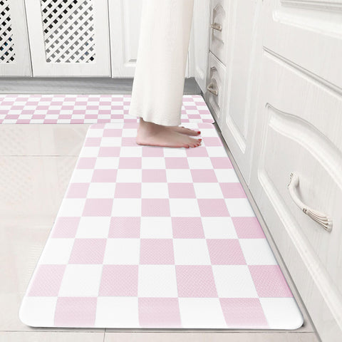 Alfombra VivaNest rosa con cuadros para cocina, diseño elegante y cómodo.