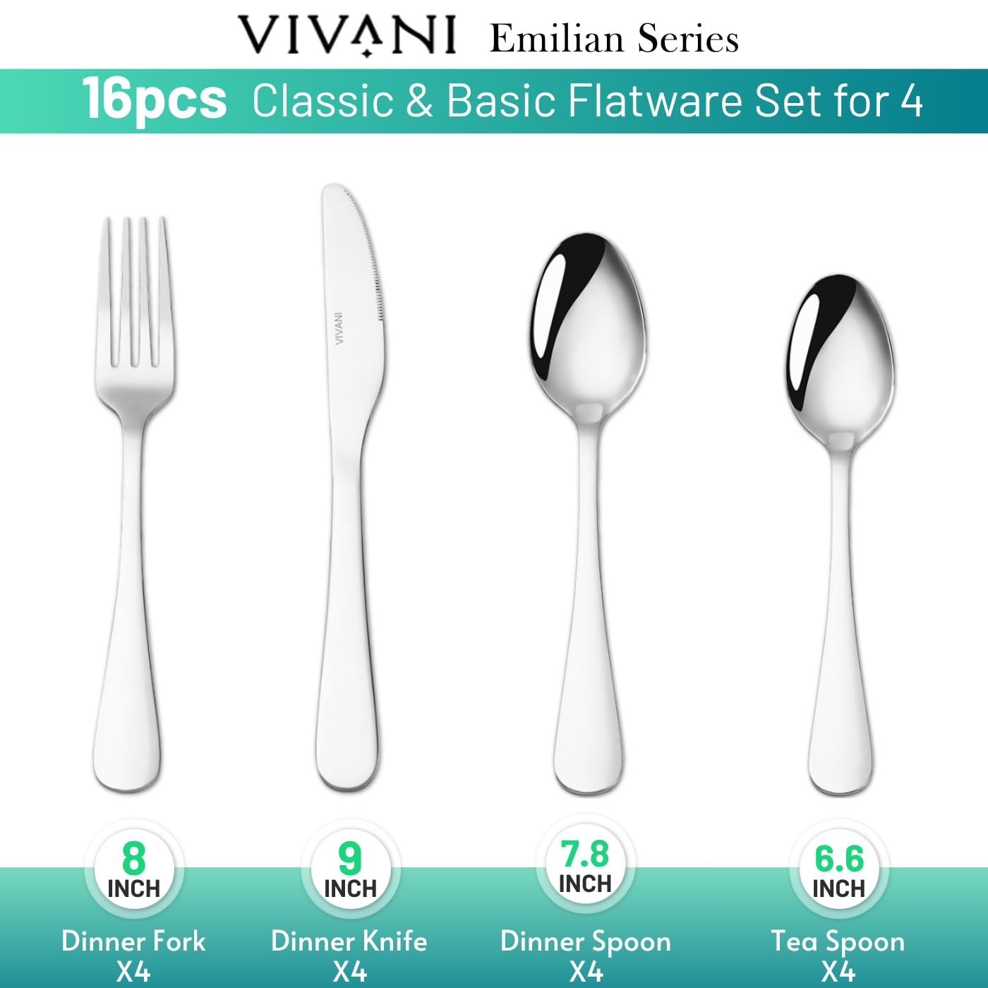 VIVANI cubiertos con acabado espejo para cenas elegantes y limpieza rápida