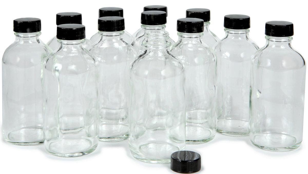 Vivaplex: botella de vidrio claro de 4 oz con tapa negra para aceites esenciales.