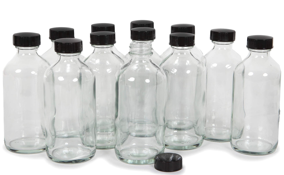 Vivaplex botellas cristal 8oz con tapas negras, ideales para aceites esenciales.