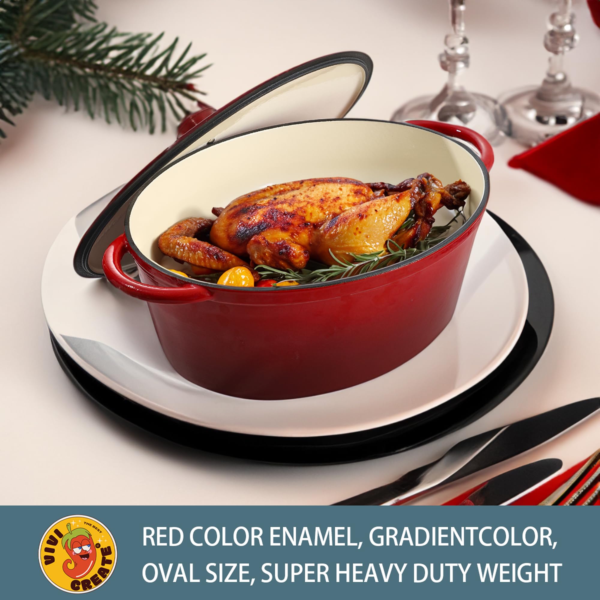 Vivicreate Olla esmaltada 9.6qt, asa doble para mayor control al cocinar.