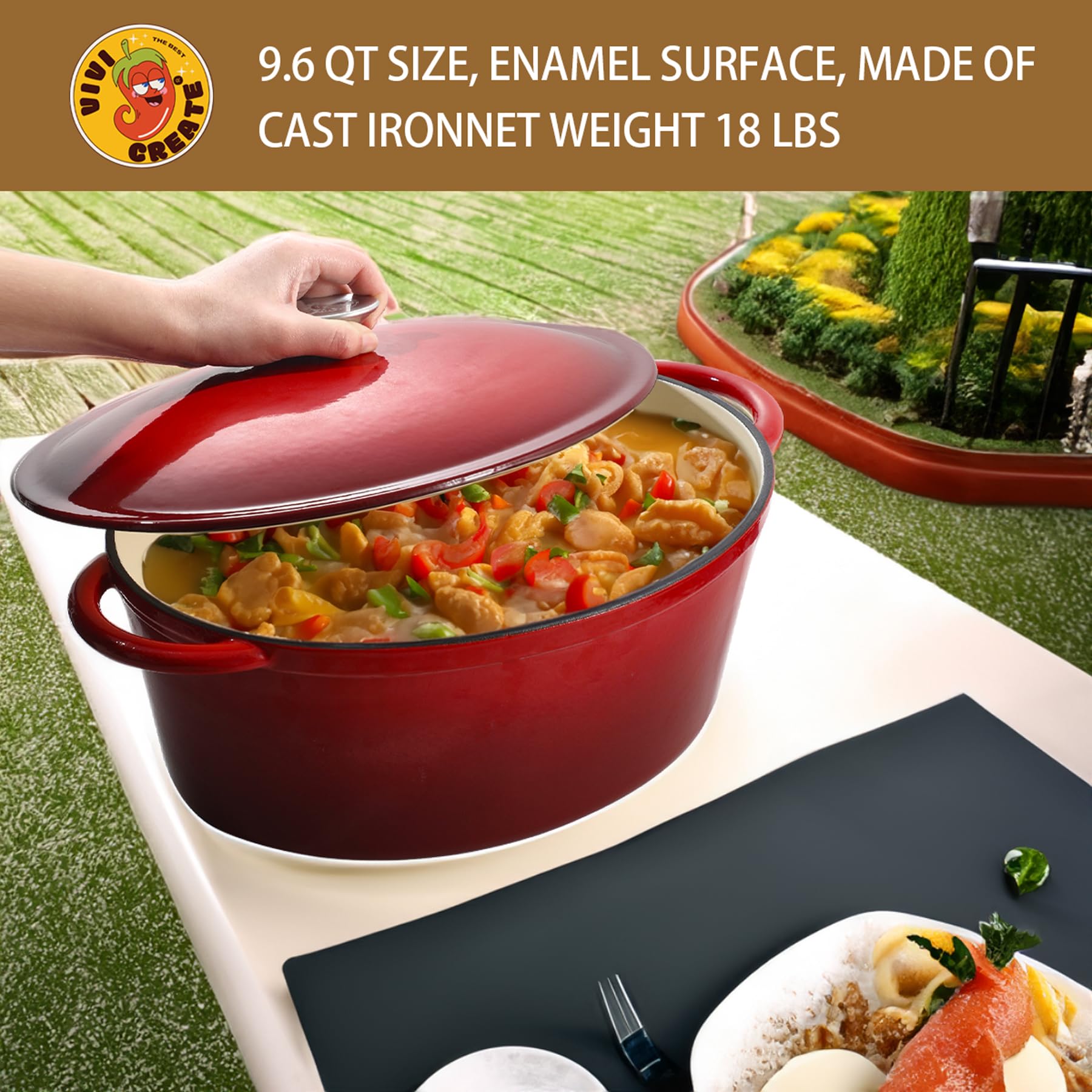Vivicreate Olla esmaltada 9.6qt, apta para inducción, gas y cocinas eléctricas.