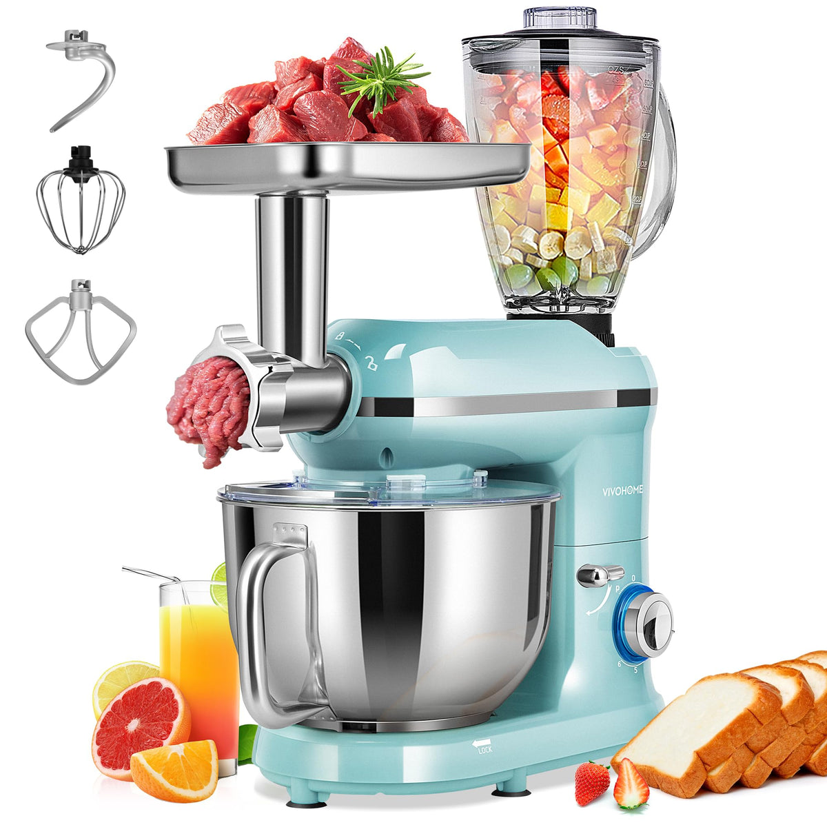 VIVOHOME batidora 3 en 1 con tazón 6 qt para amasar y mezclar.