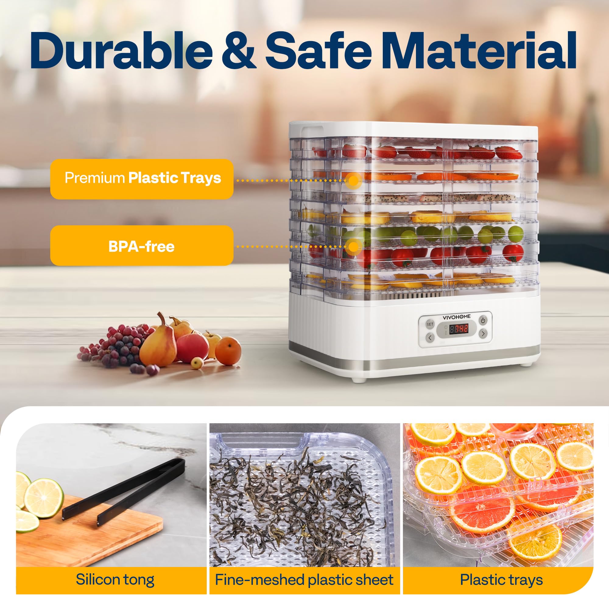 Materiales sin BPA en el deshidratador VIVOHOME para uso seguro.