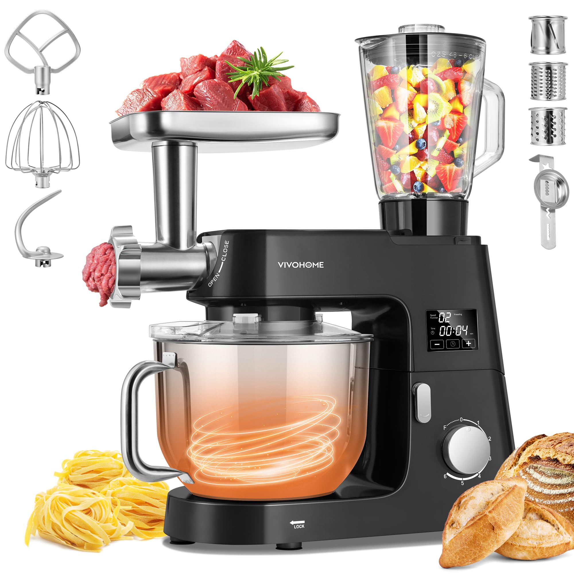 Batidora de pie VIVOHOME negra, vista frontal para repostería casera