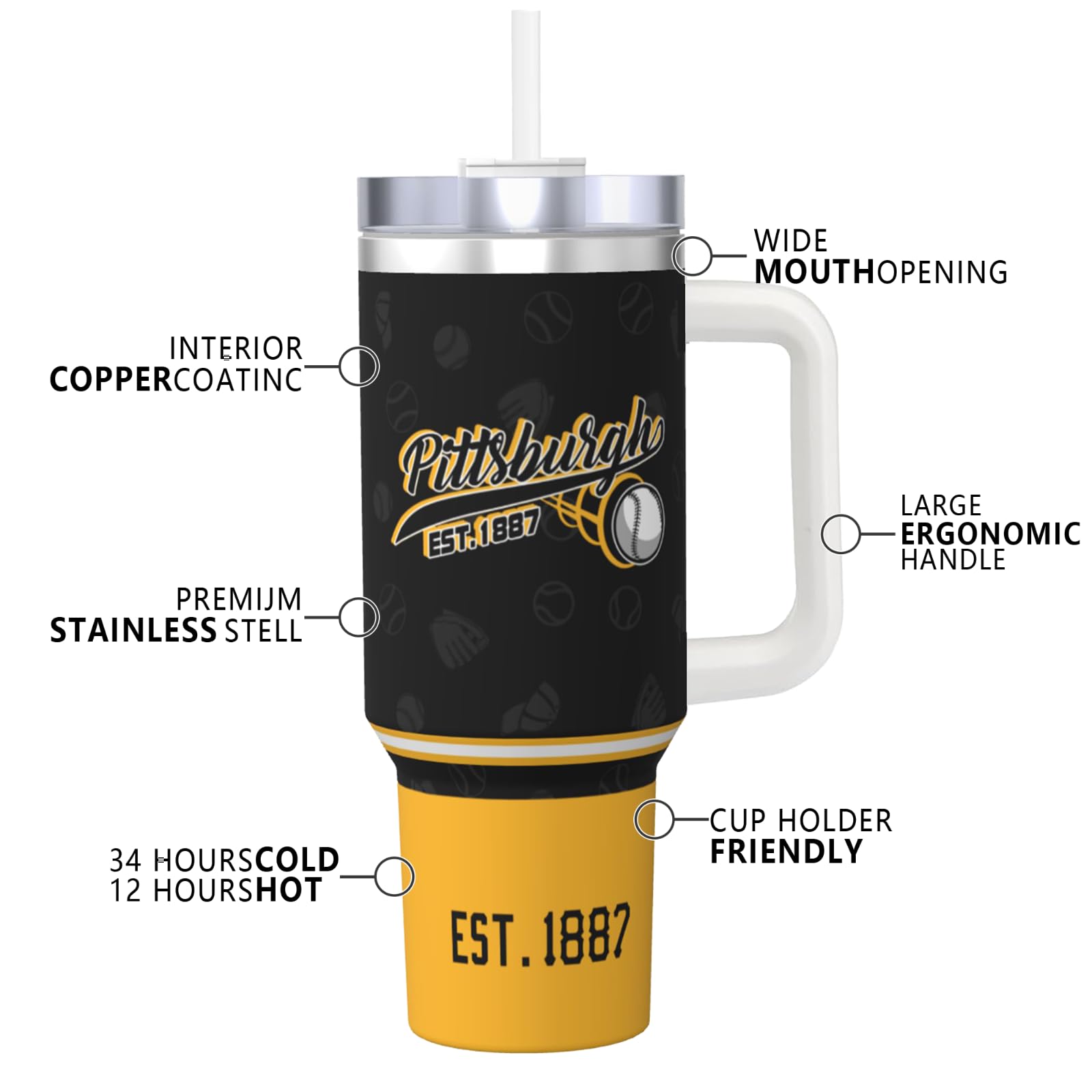 vkawesr Pittsburgh vaso termico con tapa y pajilla, evita derrames