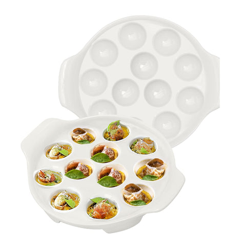 Plato cerámico Vkinman para caracoles con 12 cavidades, ideal para hornear y servir.