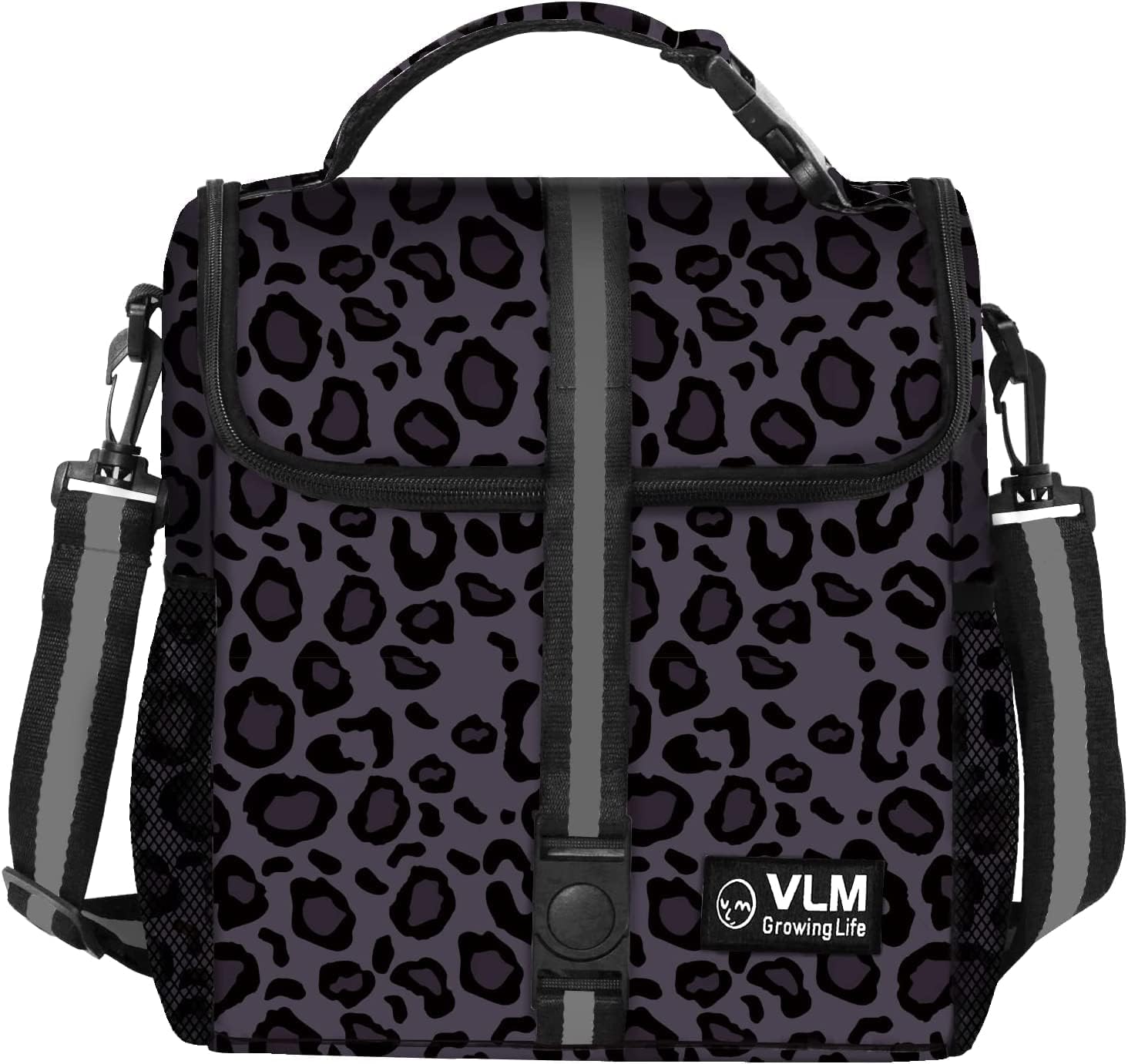 VLM bolsa de almuerzo para mujer con diseño leopardo-púrpura, ideal para el trabajo.