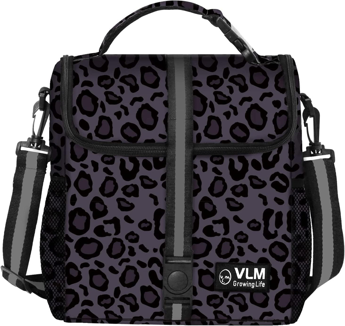 VLM bolsa de almuerzo para mujer con diseño leopardo-púrpura, ideal para el trabajo.