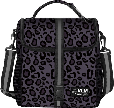 VLM bolsa de almuerzo para mujer con diseño leopardo-púrpura, ideal para el trabajo.