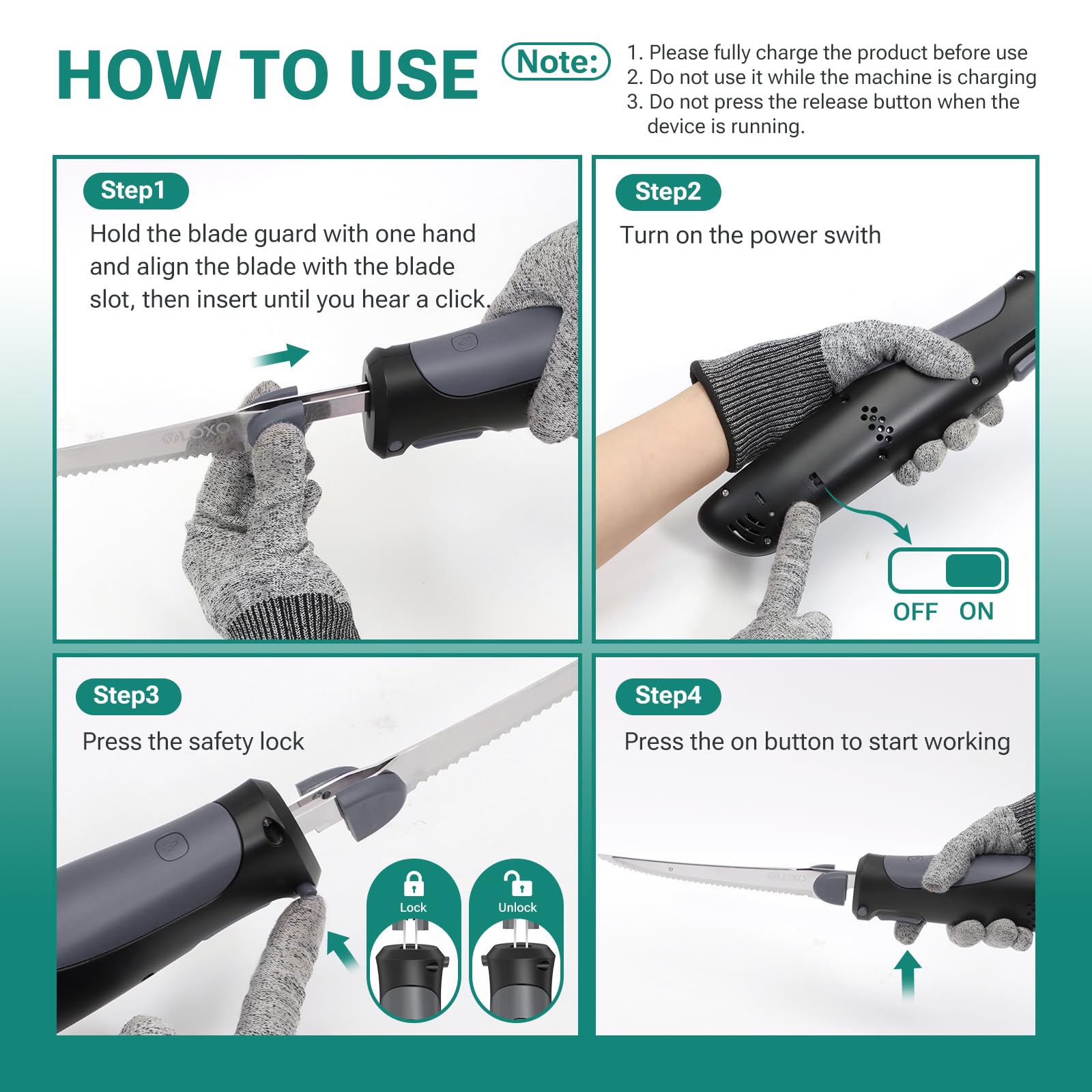 Carga USB VLOXO, cuchillo sin cables para uso inmediato.