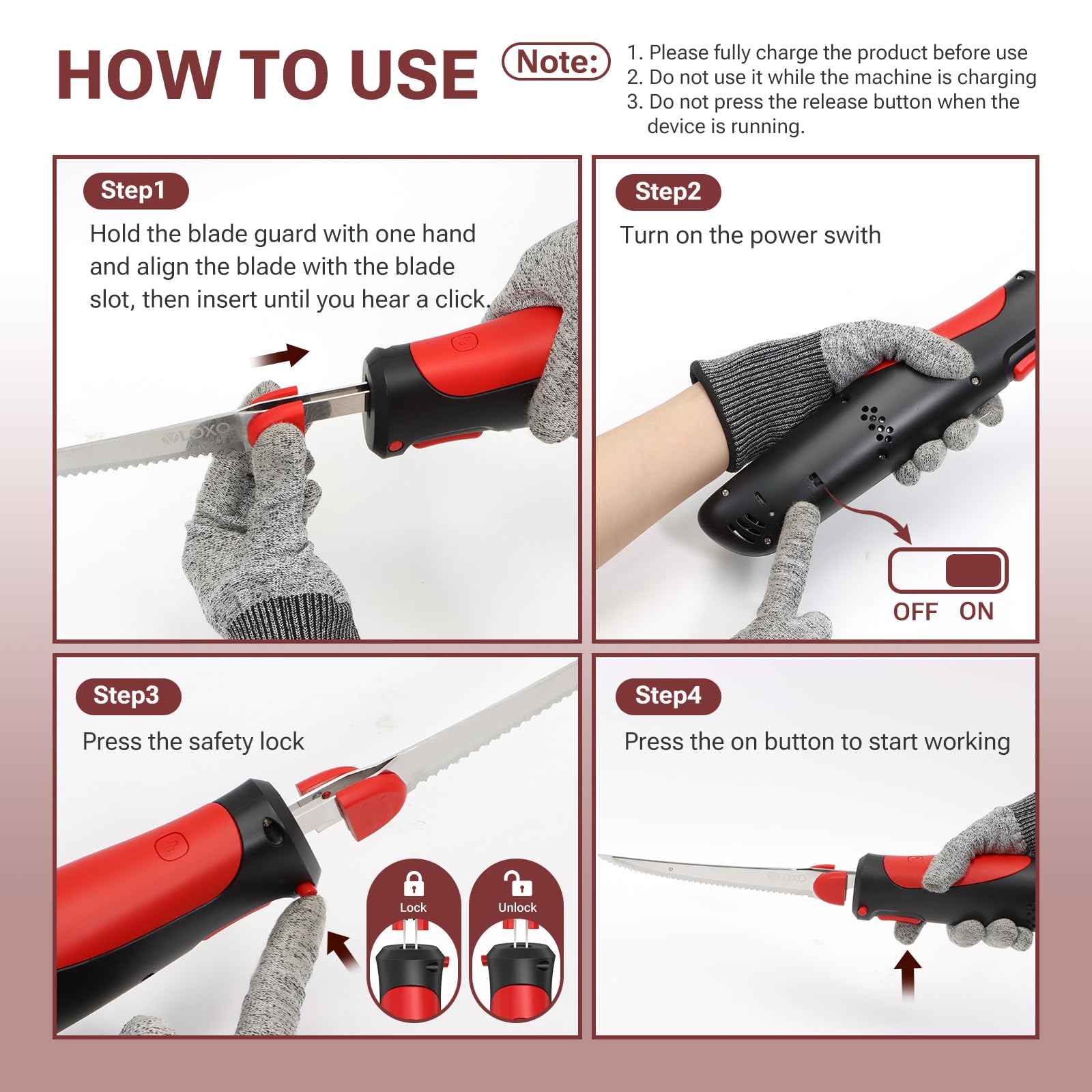 Carga por USB de VLOXO, cuchillo recargable sin cables.