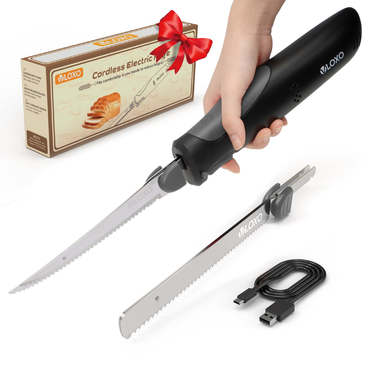 Cuchillo eléctrico VLOXO inalámbrico para carne, con cortes precisos.