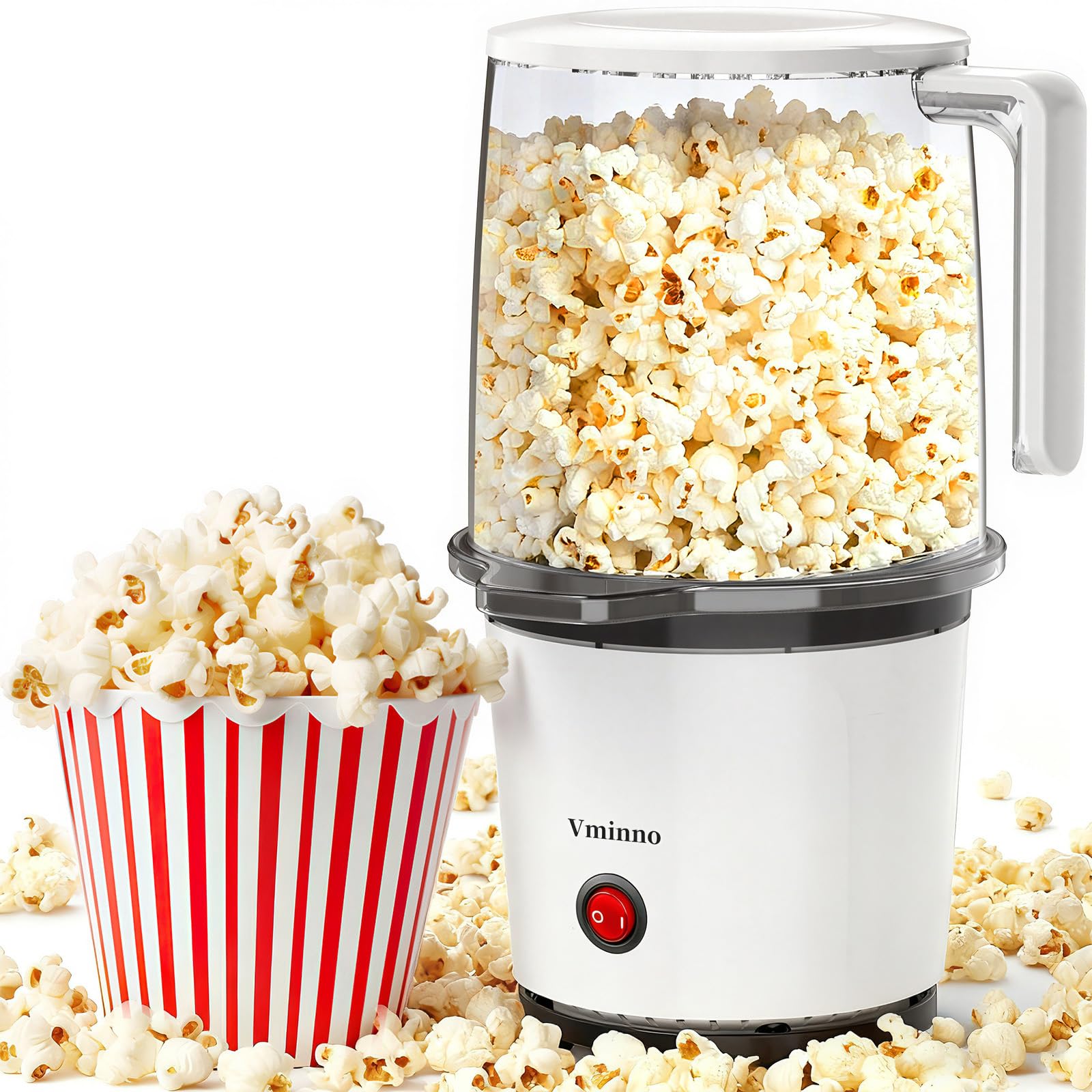 Vminno Popper de palomitas con tapa y tazón para servir palomitas crujientes.
