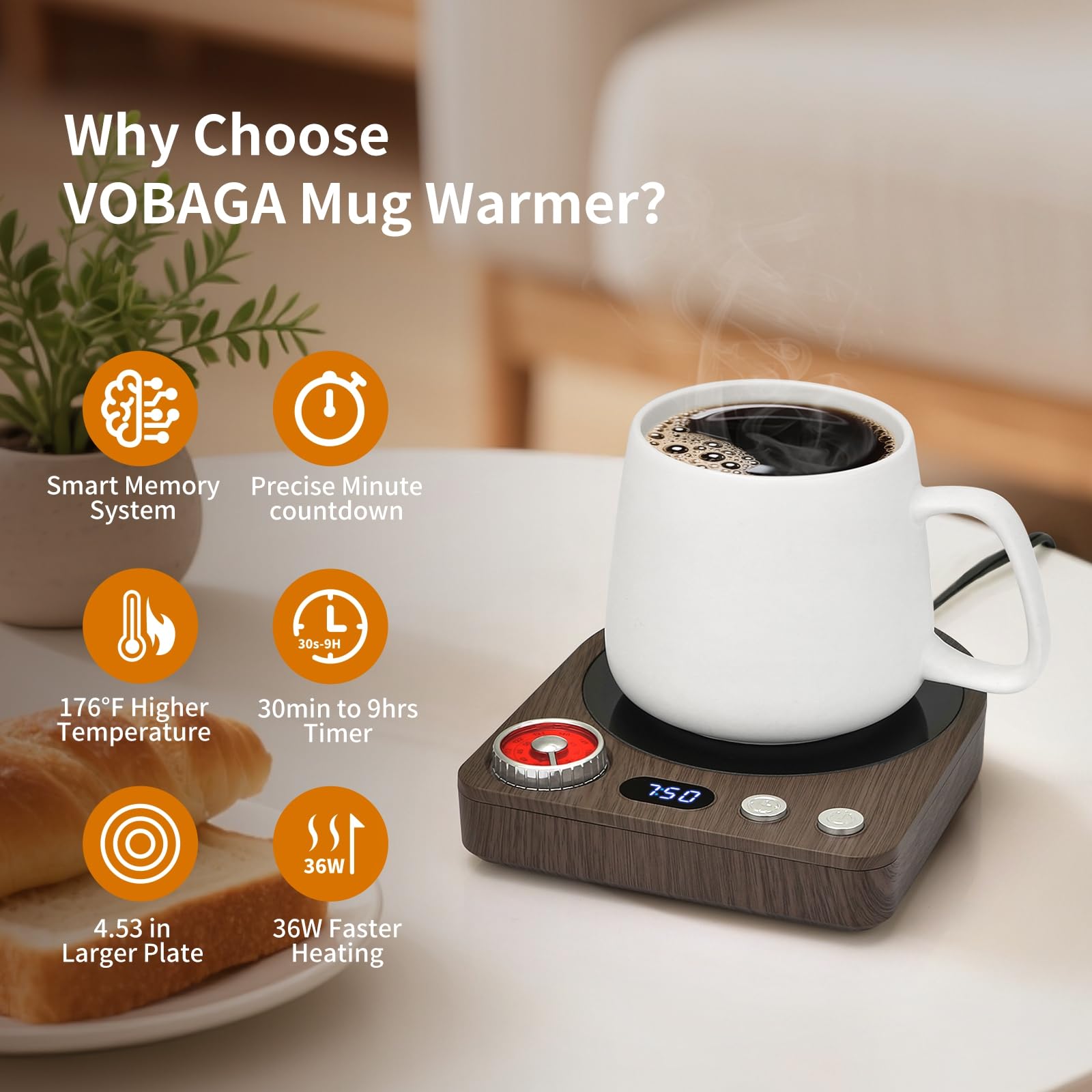 VOBAGA calentador de taza con memoria inteligente para reactivar la temperatura anterior.