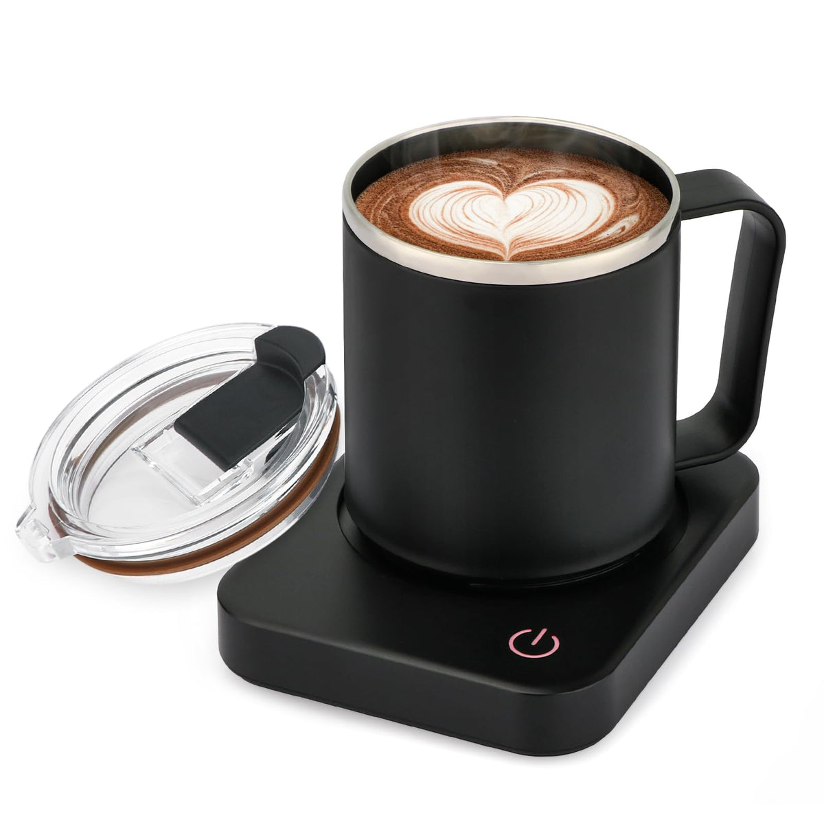 Taza 15 oz VOBAGA junto al calentador para mantener el café caliente.