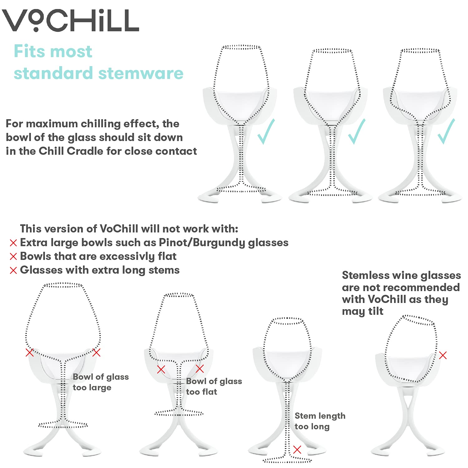 VoChill es compatible con copas de tallo estándar para uso versátil.