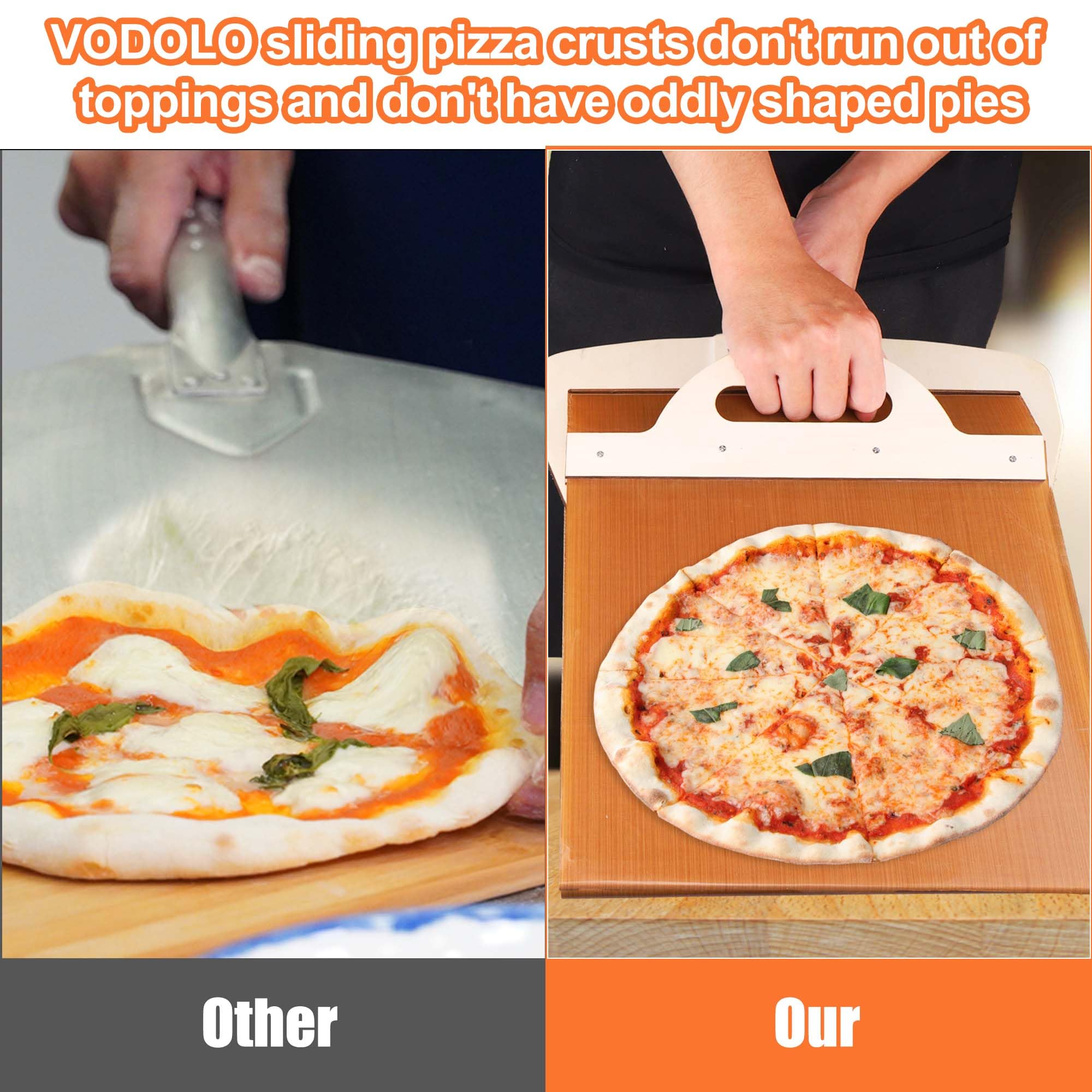 Vodolo pala-pizza-transferencia-segura-con-cinta protege las manos durante el horneado
