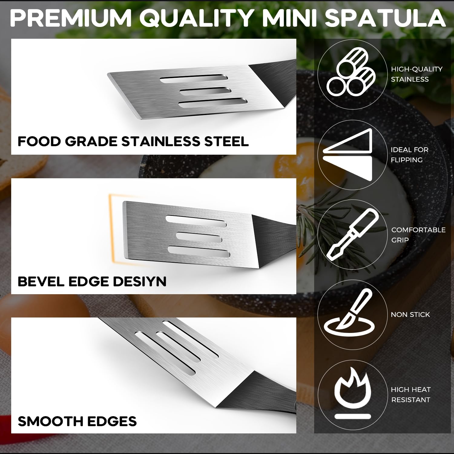 Volikos espátula de metal para voltear alimentos, resistente y apta para altas temperaturas.