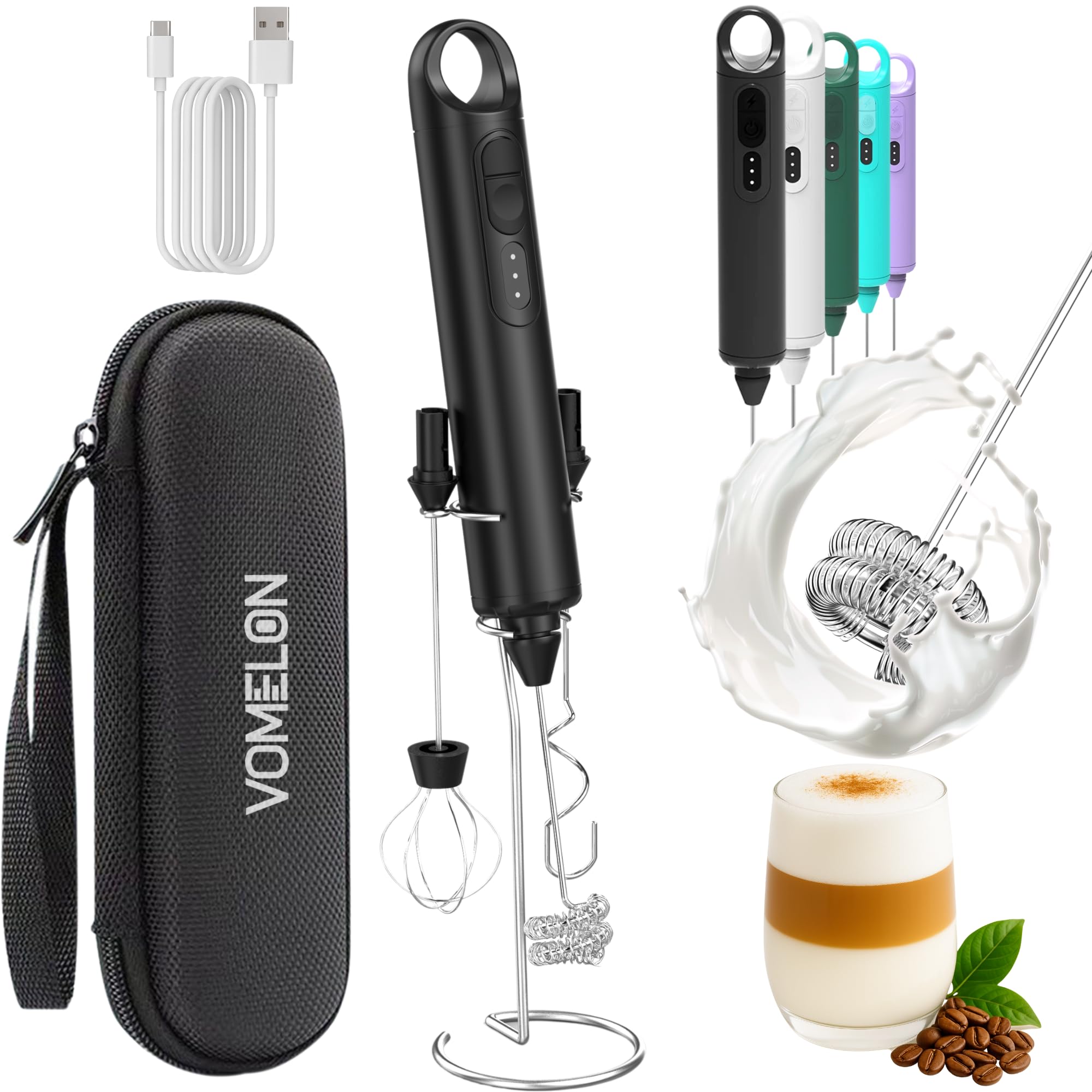 VOMELON batidor-leche recargable con 3 velocidades para espuma perfecta.
