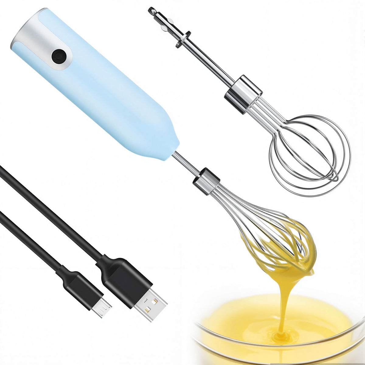 Batidora eléctrica VOMELON preparando un batido de huevos cremoso.