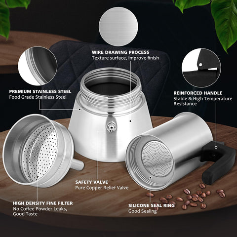 Válvula de seguridad visible de la cafetera Moka Vonates para control de presión.