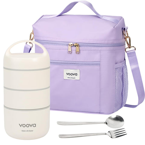 Voova caja de almuerzo apilable de tres niveles en acero inoxidable, ideal para comidas variadas.