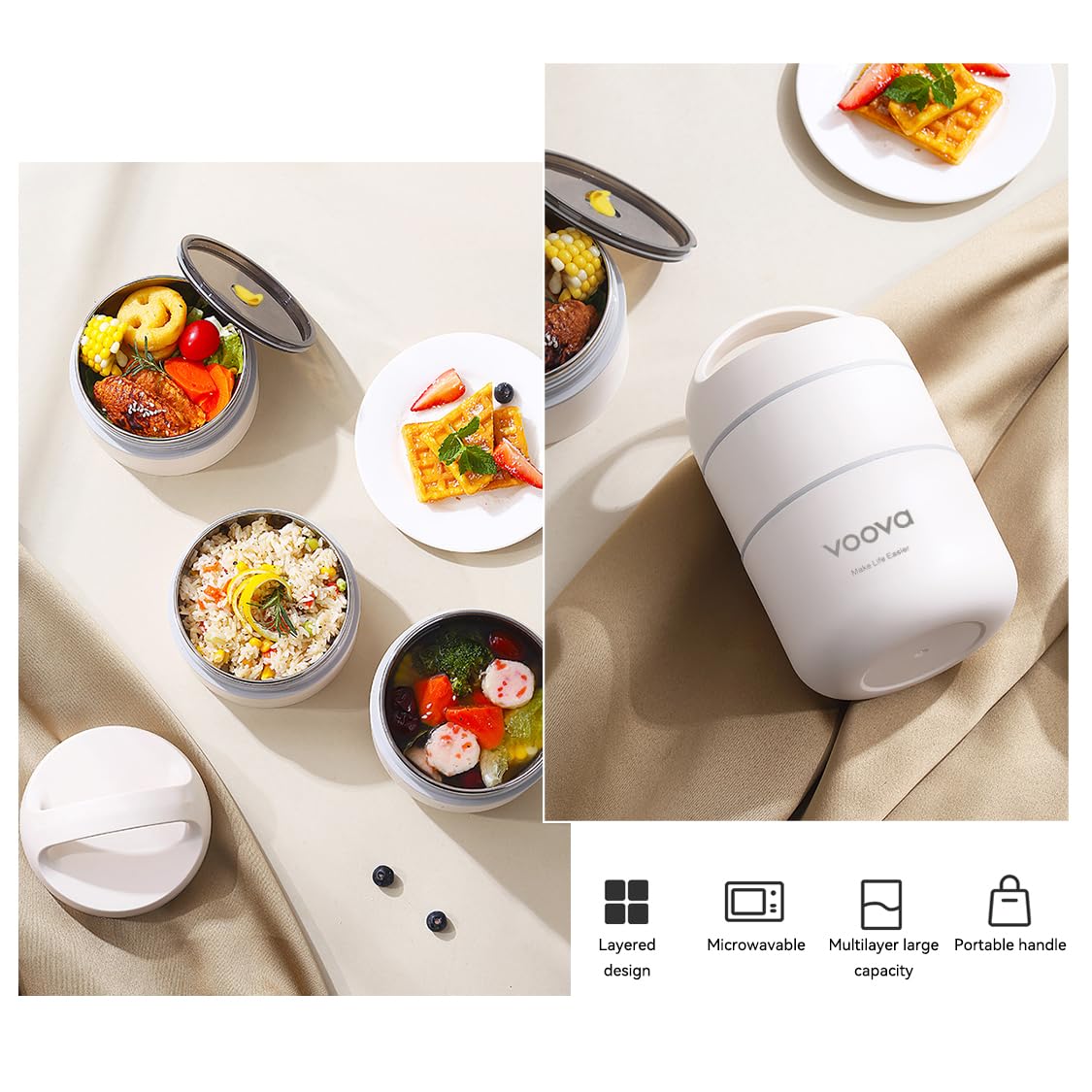 Voova compartimentos separados permiten separar sabores y porciones para la comida.