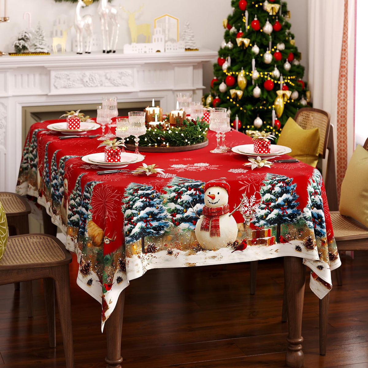 Mantel Vorhomness con muñeco de nieve para cenas festivas y ambiente acogedor.
