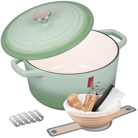 VORRINGARD cazo esmaltado verde con tapa para pan crujiente.