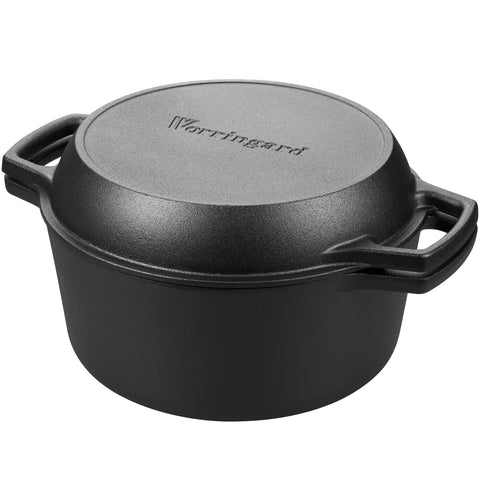 VORRINGARD olla doble de hierro forjado vista frontal con calor uniforme.
