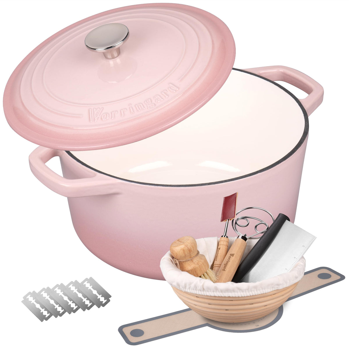 Olla de hierro esmaltado redonda de VORRINGARD con tapa, ideal para hornear pan crujiente.