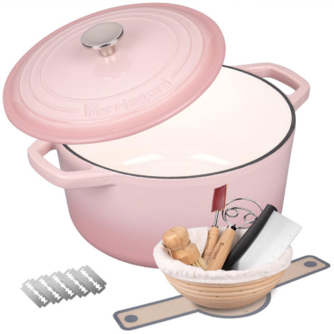 Olla de hierro esmaltado redonda de VORRINGARD con tapa, ideal para hornear pan crujiente.