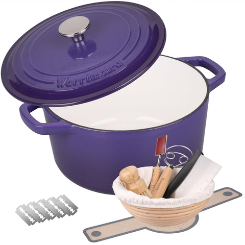 Olla VORRINGARD esmaltada morada con tapa, ideal para hornear pan artesanal.