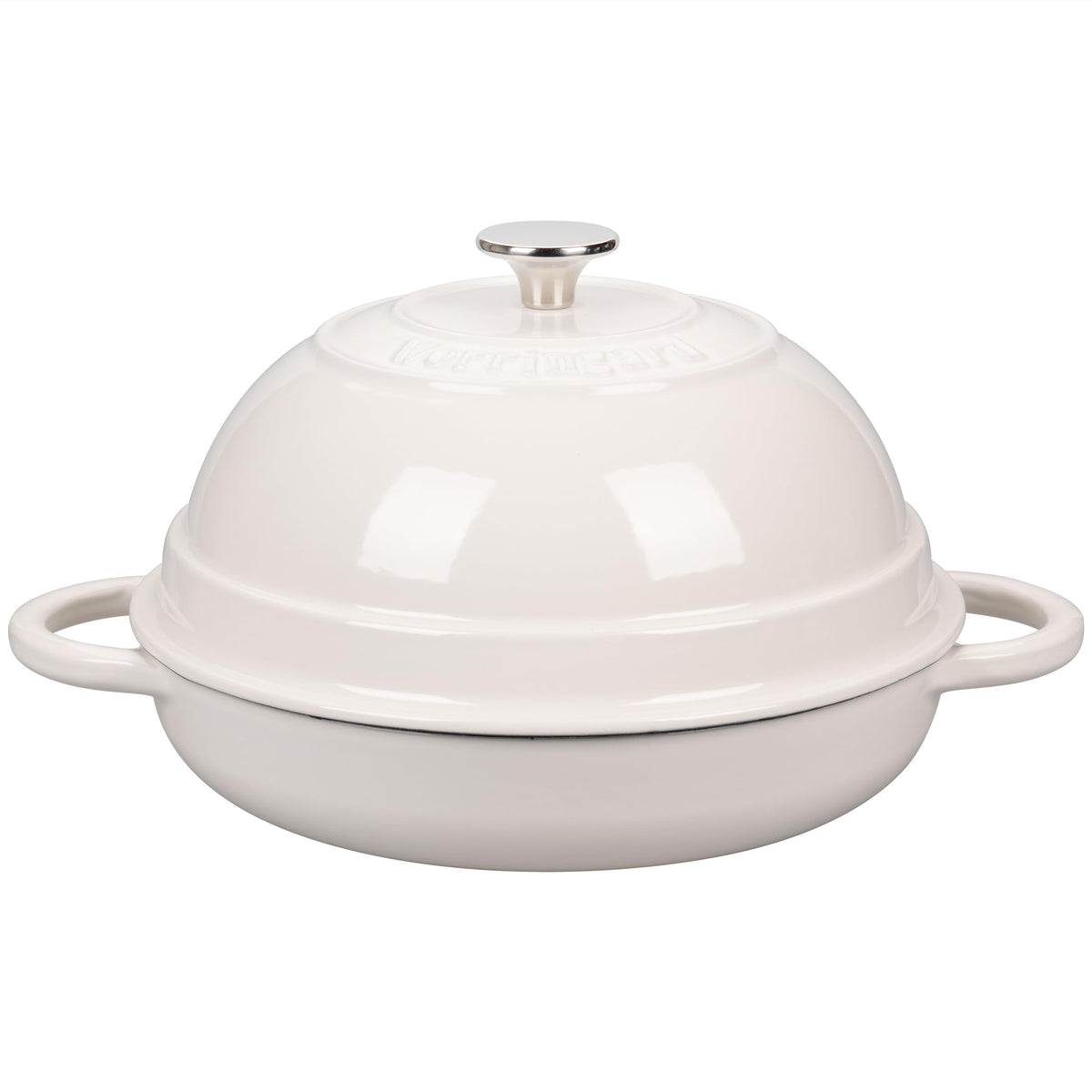 Vorringard olla de hierro esmaltada blanca, vista frontal, ideal para hornear pan.
