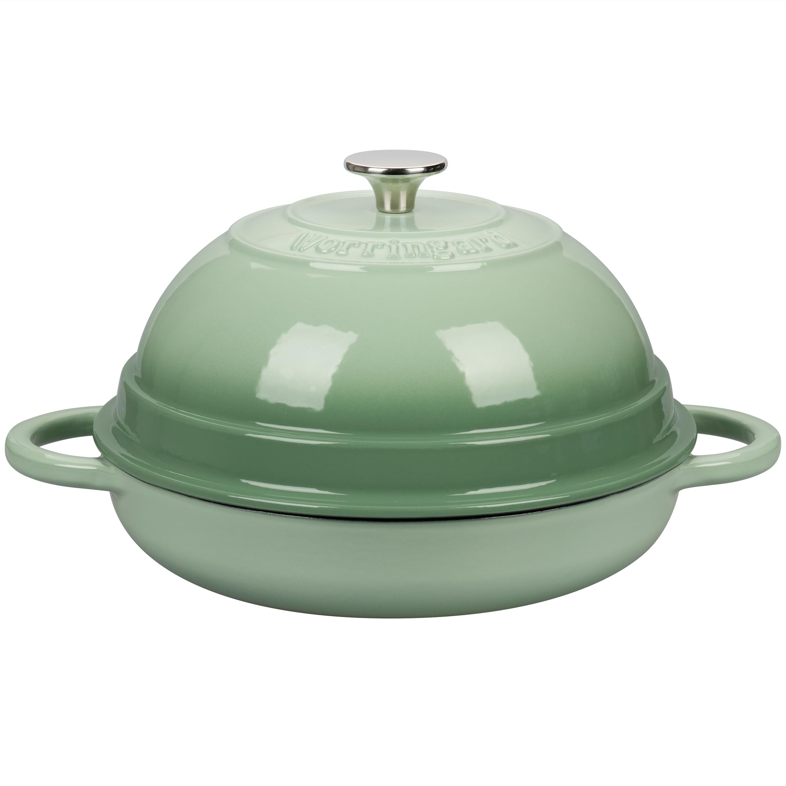 Olla Vorringard de hierro esmaltado verde con tapa, ideal para pan horneado y recetas caseras.
