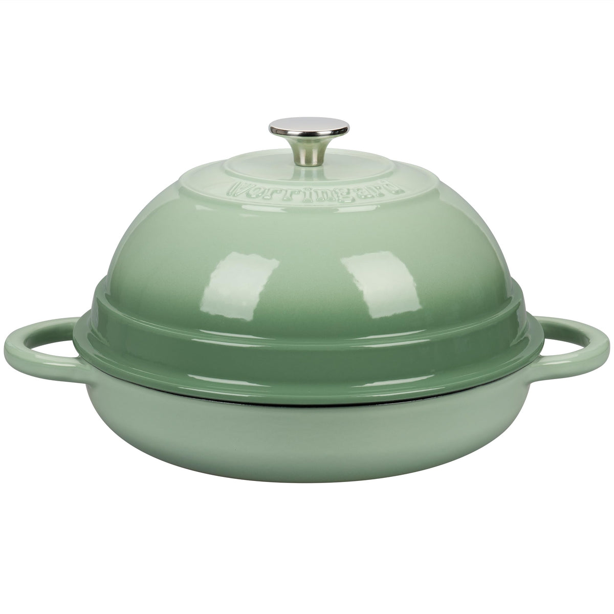 Olla Vorringard de hierro esmaltado verde con tapa, ideal para pan horneado y recetas caseras.