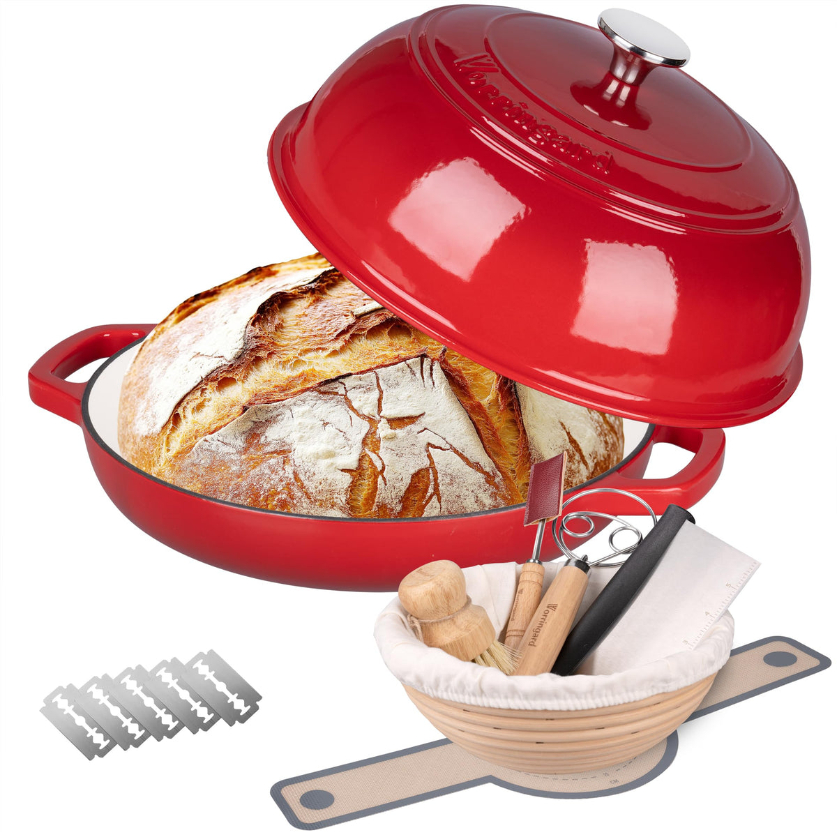 Olla VORRINGARD esmaltada en rojo con tapa para hornear pan crujiente.