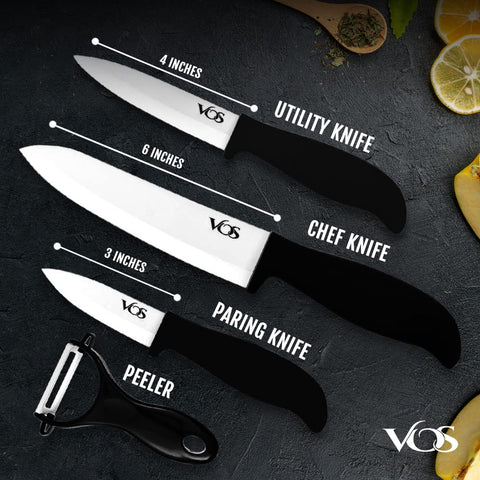 Cuchillo Vos cerámico de 4 pulgadas para verduras y carnes sin hueso.