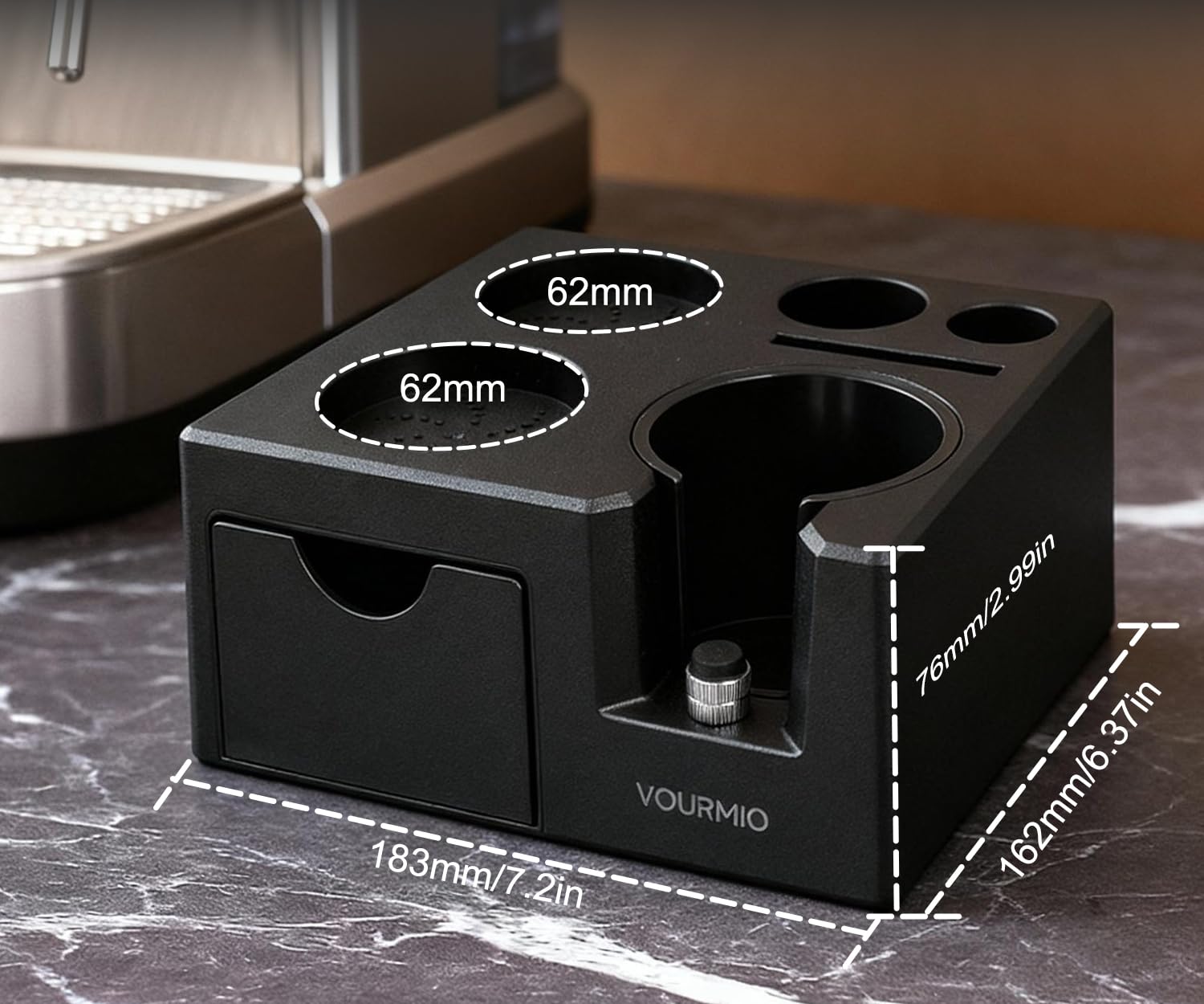Organizador VOURMIO para café 51–54–58mm, facilita el flujo de trabajo.