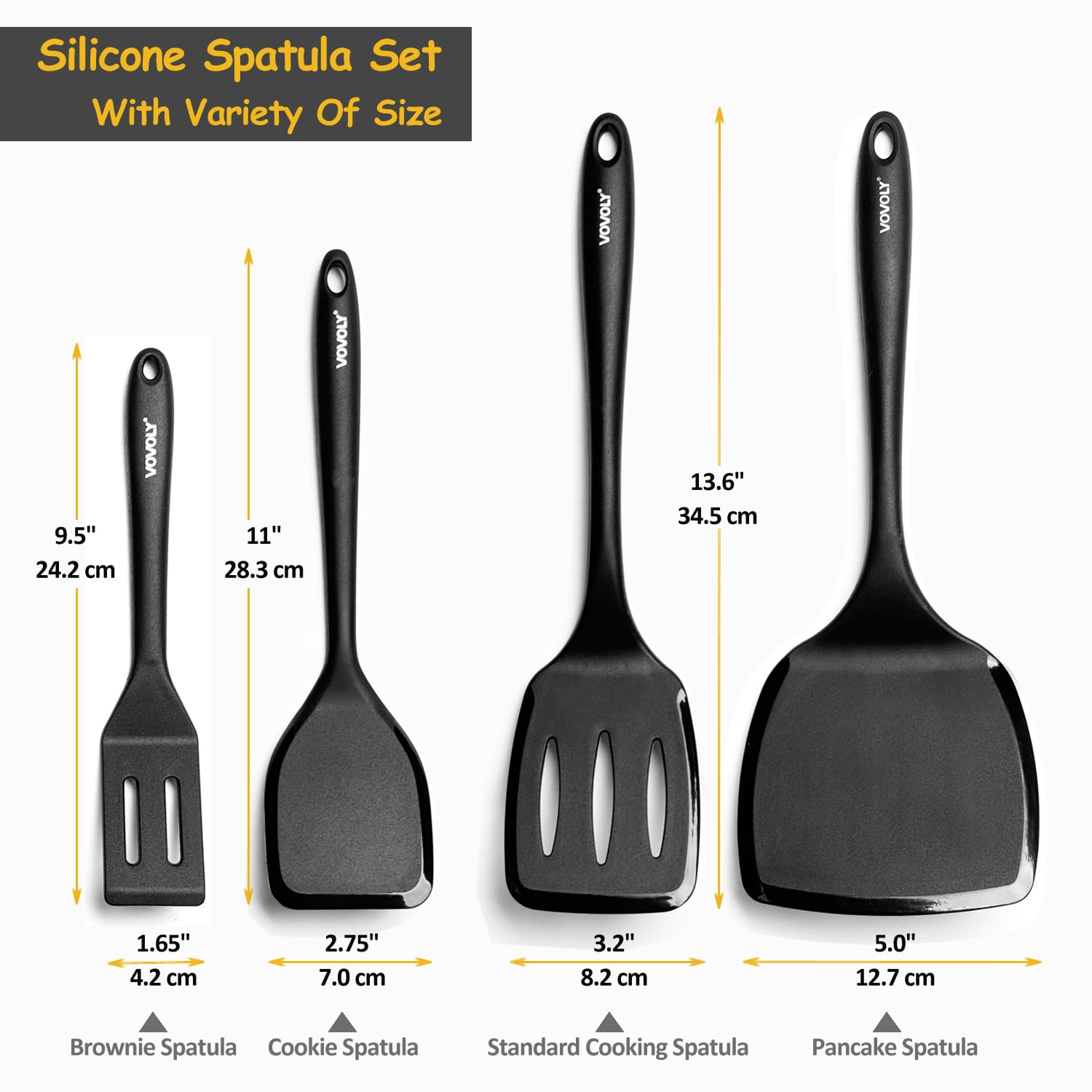 Espátula silicona Vovoly compacta, perfecta para saltear y voltear alimentos pequeños.