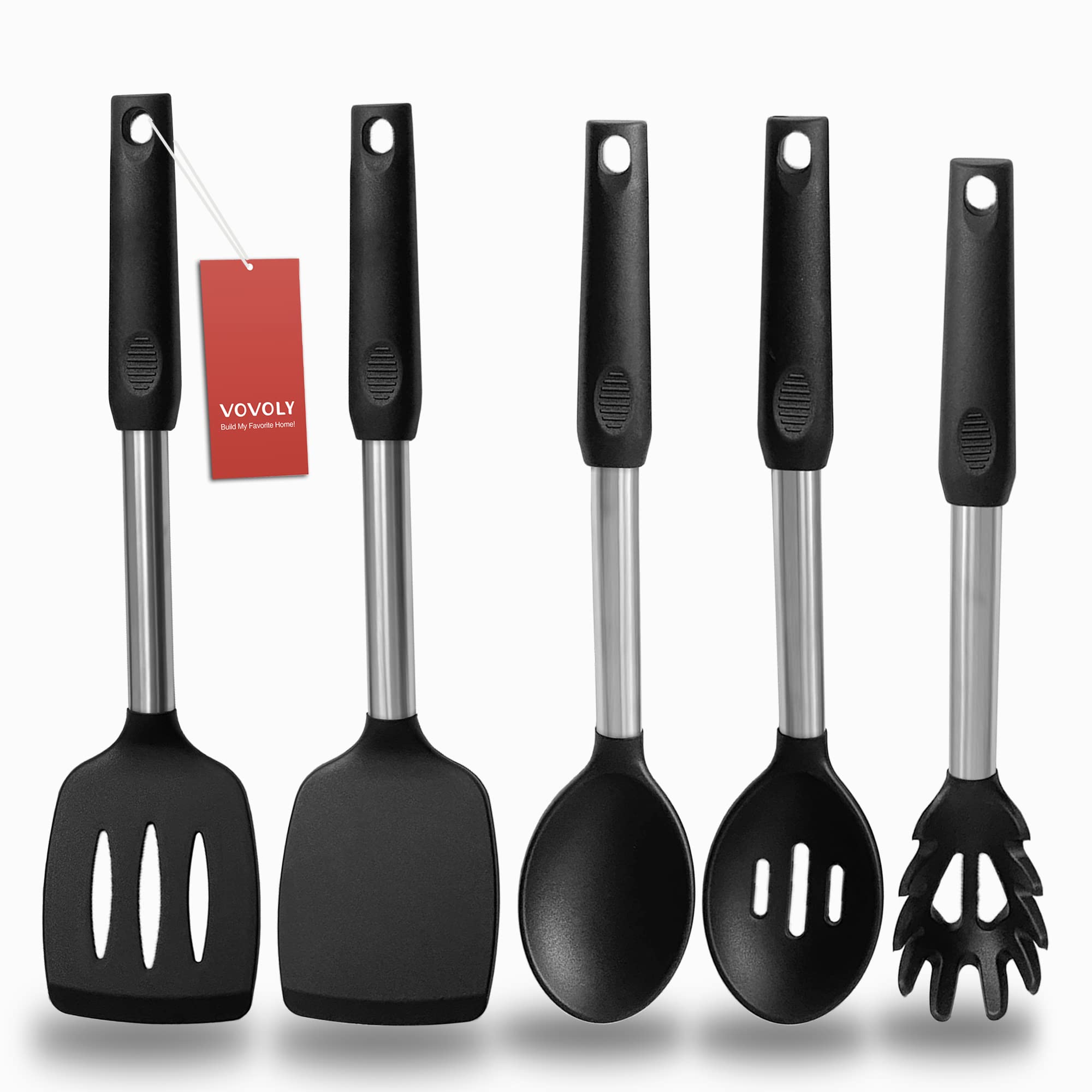 Espátula de silicona negra Vovoly con mango de acero, ideal para voltear sin rayar