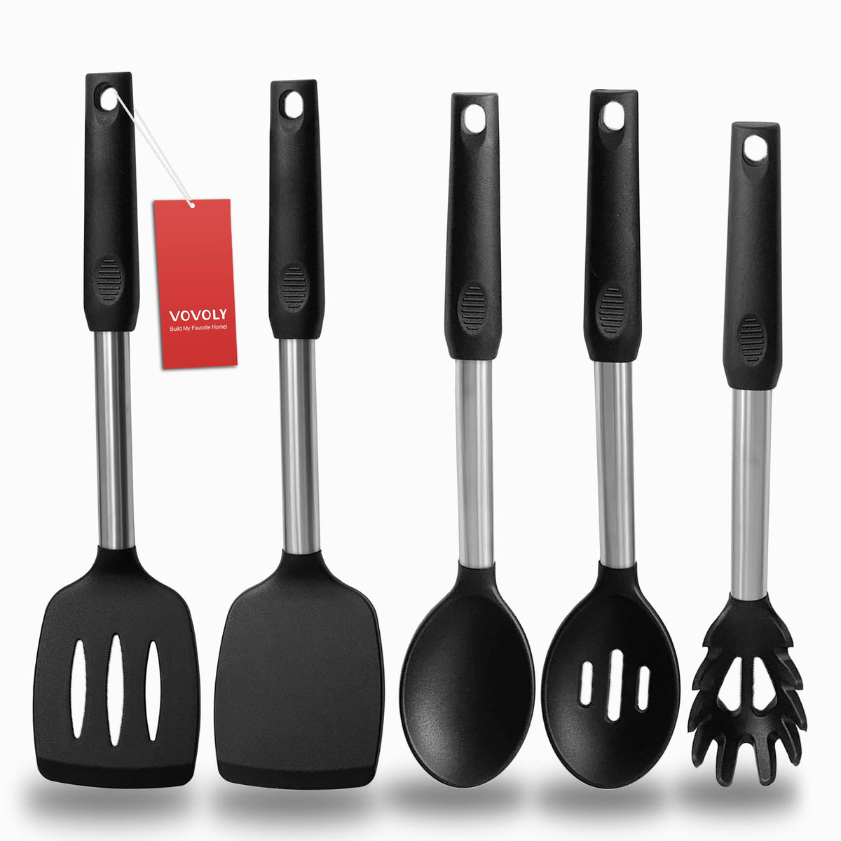 Espátula de silicona negra Vovoly con mango de acero, ideal para voltear sin rayar