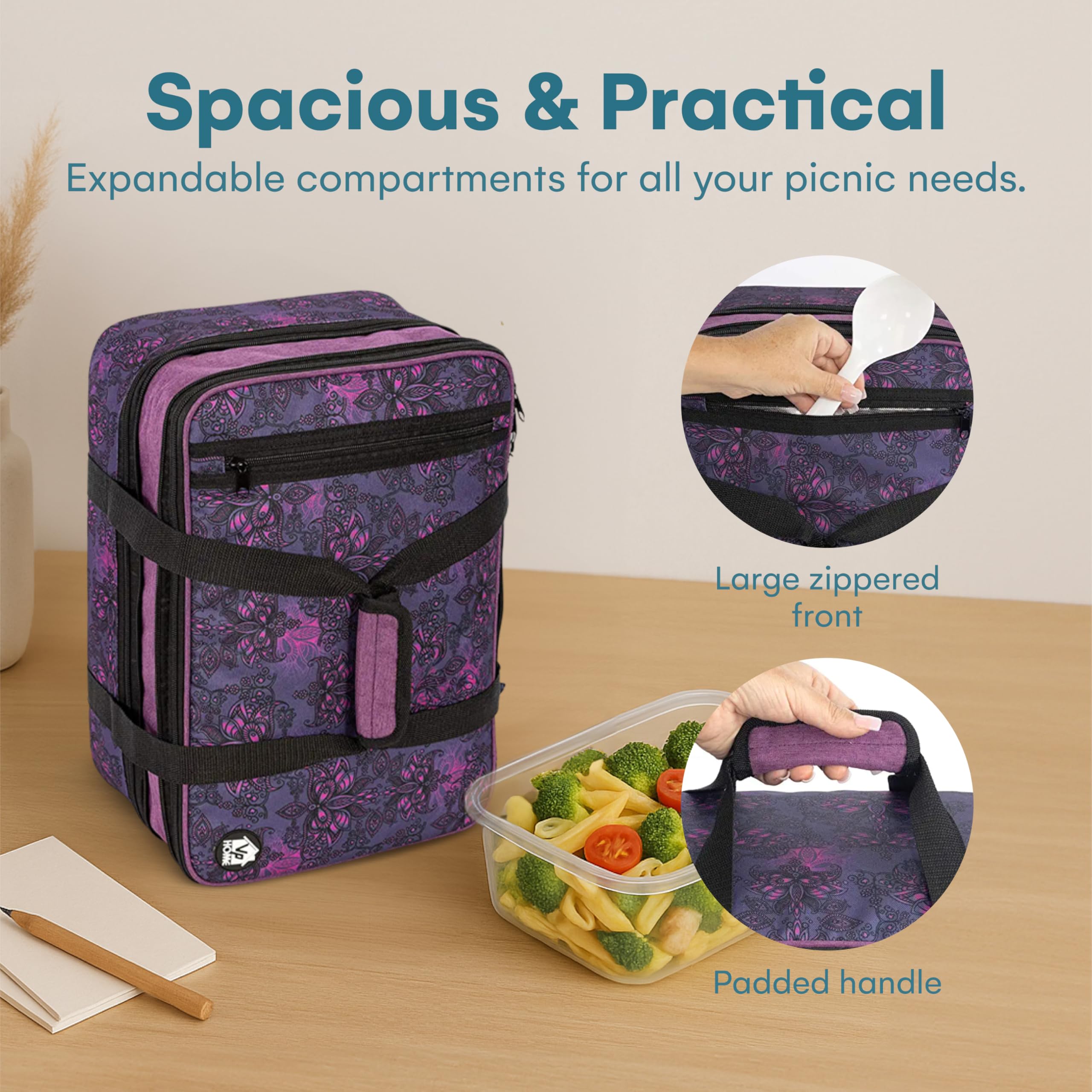 VP Home asas ergonómicas para llevar con comodidad durante viajes o picnic.