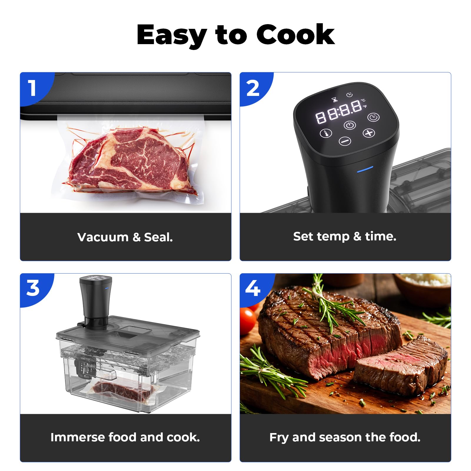 Vpcok Direct Sous Vide, temporizador flexible para recetas variadas.