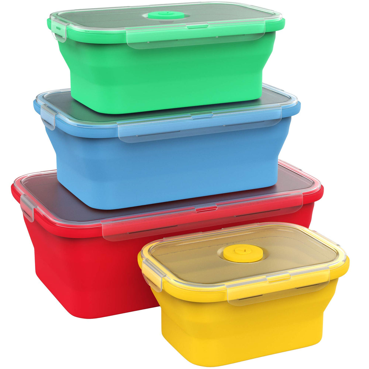 Recipientes Vremi de silicona plegables con tapas herméticas para almacenamiento seguro.