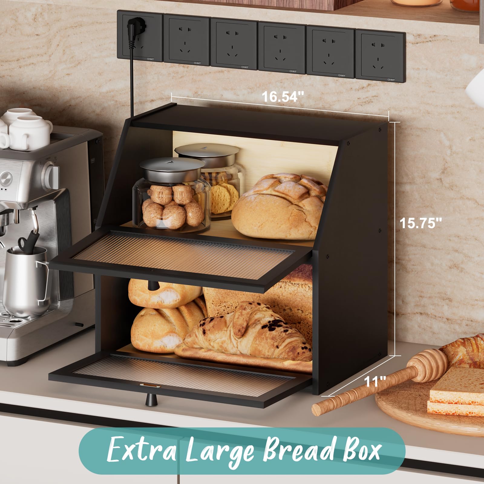 Vriccc caja pan grande negra doble capa: maximiza el espacio en la cocina.