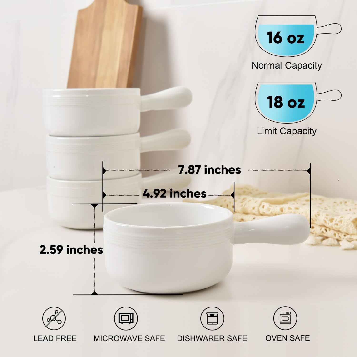 Tazón Vumdua blanco esmaltado con asa apto para sopa y cereal