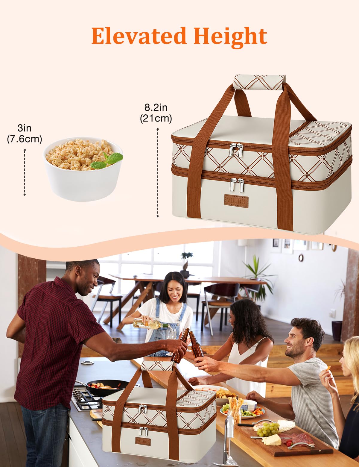 Vuudh tote versátil para viajes y reuniones, capacidad para dos platos.